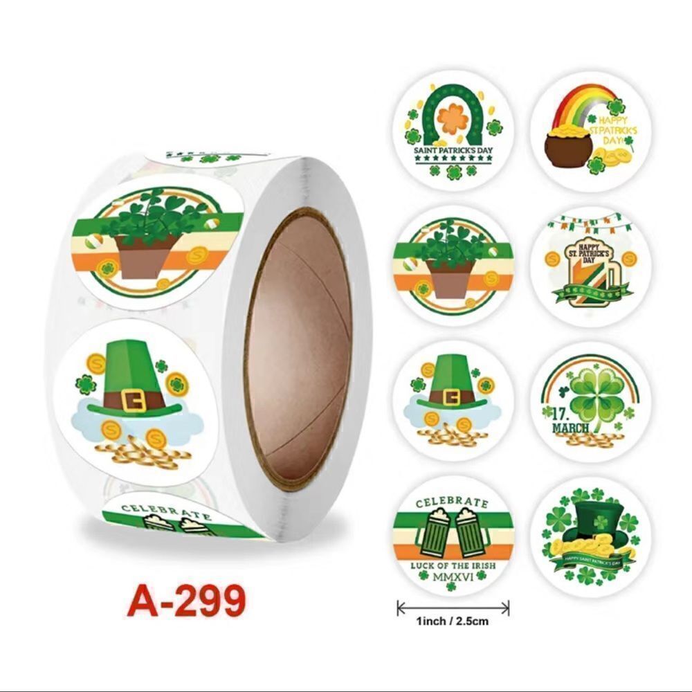 500 St. Patrick's Day Sticker Roll, 1 Inch 8 Styles Irish Green Shamrock